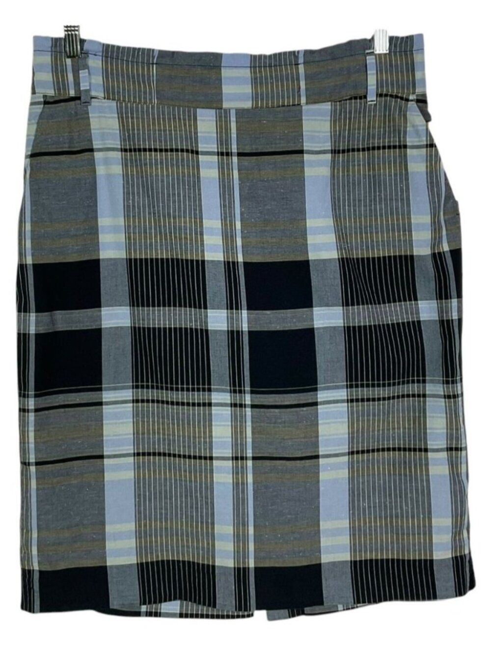 Ann Taylor Plaid Pencil Skirt Size 14 Blue Gray Black Cotton Lined Career Office